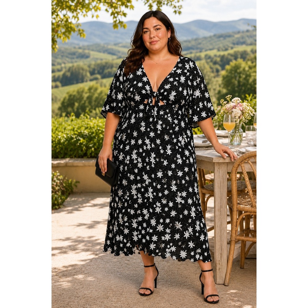 NEW ELOQUII Women Black Floral Maxi Dress 28 Short Sleeve V-Neck Wedding Guest
